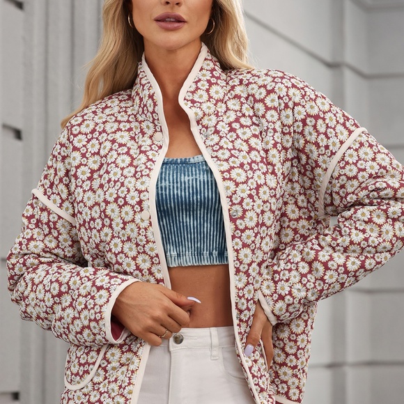 Jackets & Blazers - B181 Pink Floral Print Contrast EdgeStand Neck Coat